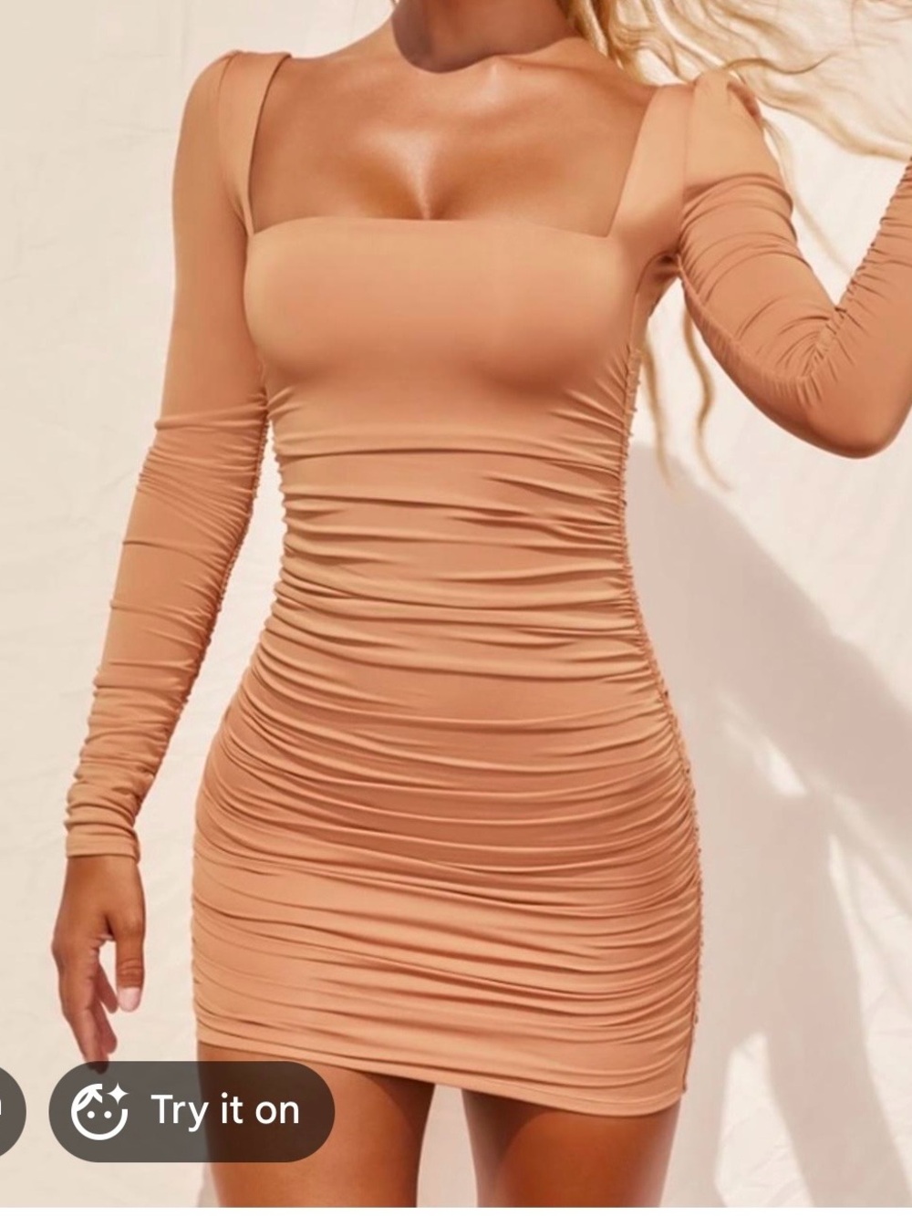 Oh Polly Square Neck Long Sleeve Ruched Mini Dress in Nude Beige